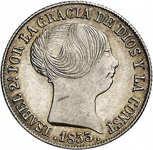 4 Reales Obverse Image minted in SPAIN in 1853 (1849-64  -  ISABEL II - Decimal Coinage)  - The Coin Database