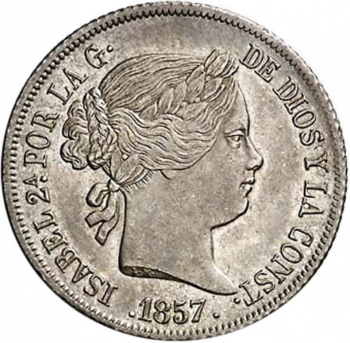 4 Reales Obverse Image minted in SPAIN in 1857 (1849-64  -  ISABEL II - Decimal Coinage)  - The Coin Database
