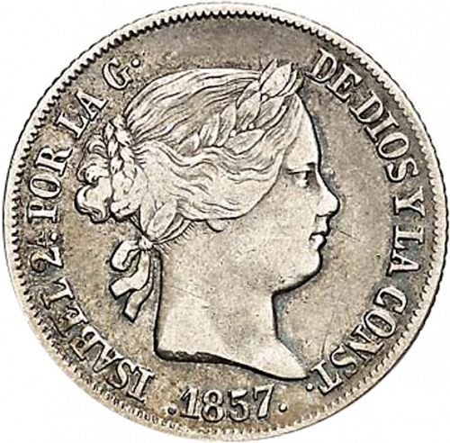 4 Reales Obverse Image minted in SPAIN in 1857 (1849-64  -  ISABEL II - Decimal Coinage)  - The Coin Database