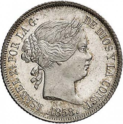 4 Reales Obverse Image minted in SPAIN in 1858 (1849-64  -  ISABEL II - Decimal Coinage)  - The Coin Database