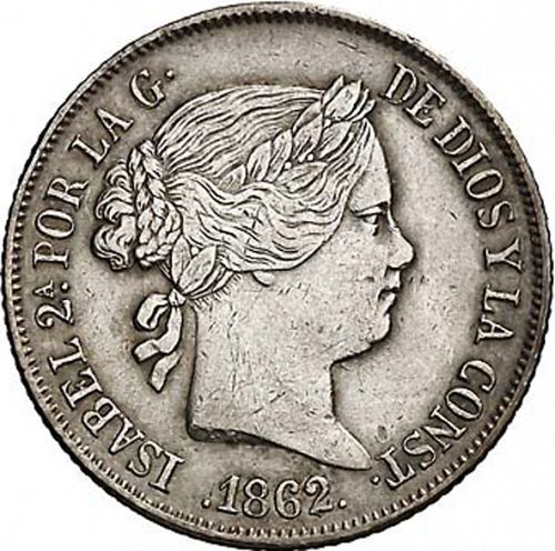4 Reales Obverse Image minted in SPAIN in 1862 (1849-64  -  ISABEL II - Decimal Coinage)  - The Coin Database