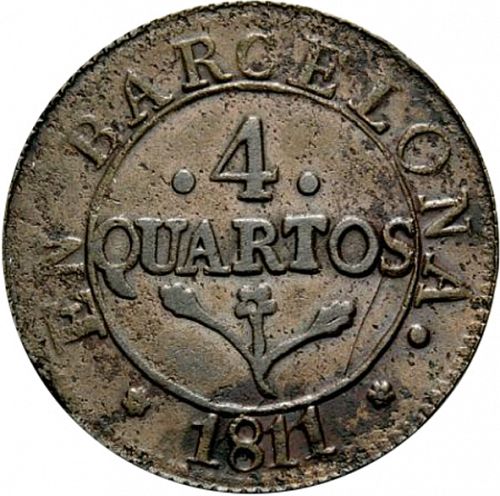 4 Cuartos Reverse Image minted in SPAIN in 1811 (1808-13  -  JOSE NAPOLEON - Barcelona)  - The Coin Database