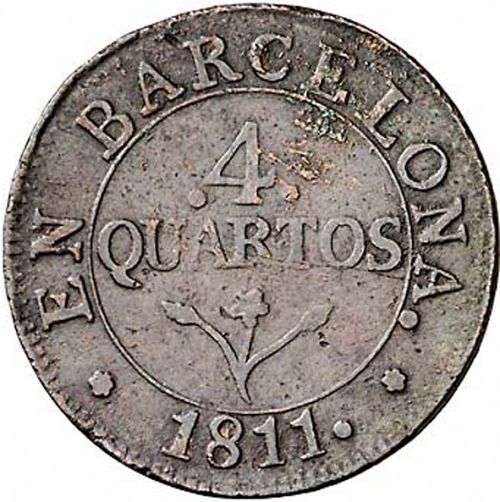 4 Cuartos Reverse Image minted in SPAIN in 1811 (1808-13  -  JOSE NAPOLEON - Barcelona)  - The Coin Database