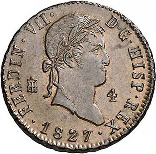 4 Maravedies Obverse Image minted in SPAIN in 1827 (1808-33  -  FERNANDO VII)  - The Coin Database