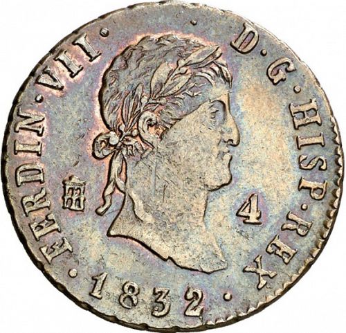 4 Maravedies Obverse Image minted in SPAIN in 1832 (1808-33  -  FERNANDO VII)  - The Coin Database