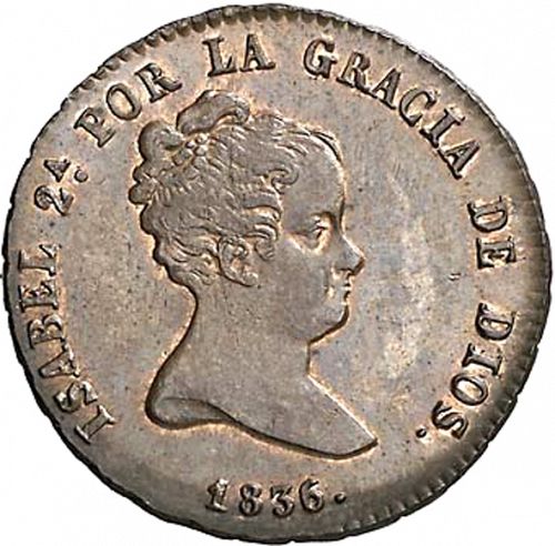 4 Maravedies Obverse Image minted in SPAIN in 1836 (1833-48  -  ISABEL II)  - The Coin Database