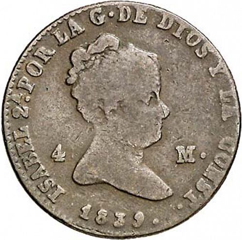 4 Maravedies Obverse Image minted in SPAIN in 1839 (1833-48  -  ISABEL II)  - The Coin Database