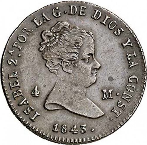 4 Maravedies Obverse Image minted in SPAIN in 1843 (1833-48  -  ISABEL II)  - The Coin Database