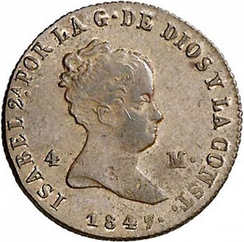 4 Maravedies Obverse Image minted in SPAIN in 1847 (1833-48  -  ISABEL II)  - The Coin Database