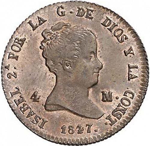 4 Maravedies Obverse Image minted in SPAIN in 1847 (1833-48  -  ISABEL II)  - The Coin Database