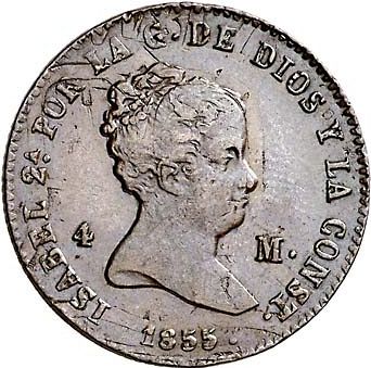 4 Maravedies Obverse Image minted in SPAIN in 1855 (1833-48  -  ISABEL II)  - The Coin Database