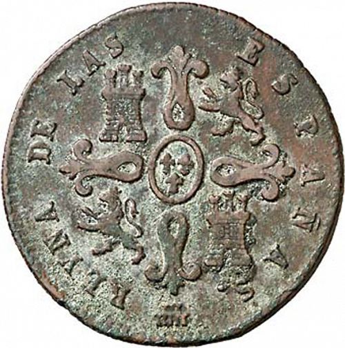 4 Maravedies Reverse Image minted in SPAIN in 1838 (1833-48  -  ISABEL II)  - The Coin Database