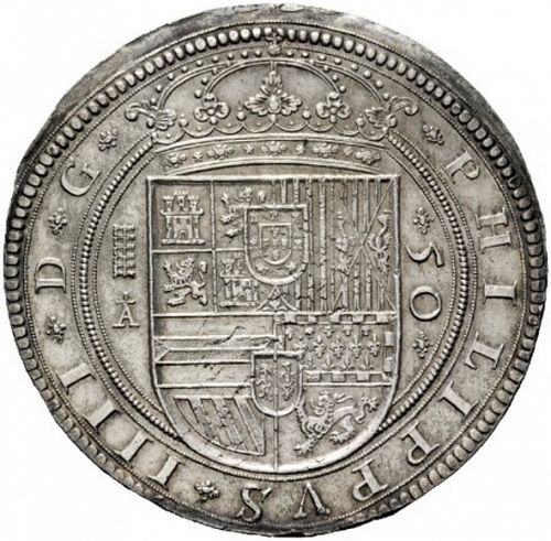 50 Reales Obverse Image minted in SPAIN in 1628A (1621-65  -  FELIPE IV)  - The Coin Database