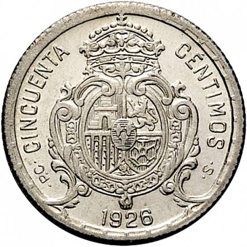50 Céntimos Reverse Image minted in SPAIN in 1926 (1886-31  -  ALFONSO XIII)  - The Coin Database