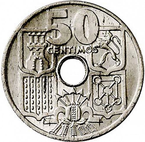 50 Céntimos Reverse Image minted in SPAIN in 1949 / 51 (1936-75  -  NATIONALIST GOVERMENT)  - The Coin Database