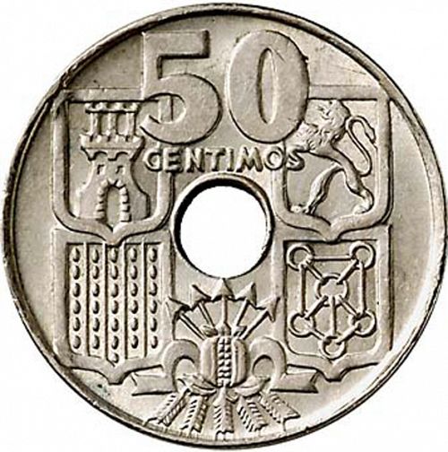 50 Céntimos Reverse Image minted in SPAIN in 1949 / 52 (1936-75  -  NATIONALIST GOVERMENT)  - The Coin Database