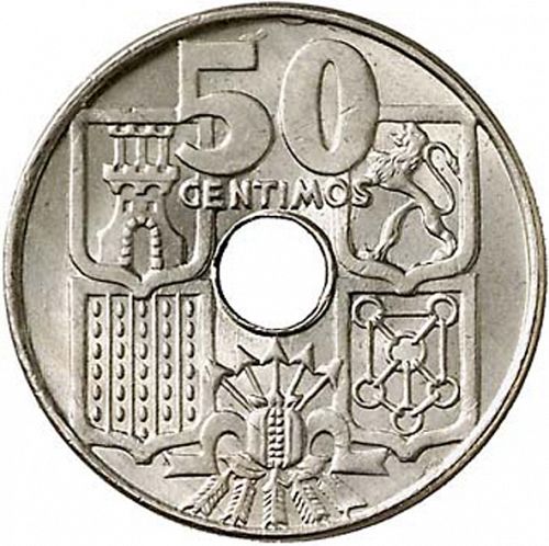 50 Céntimos Reverse Image minted in SPAIN in 1949 / 53 (1936-75  -  NATIONALIST GOVERMENT)  - The Coin Database