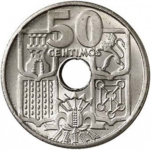 50 Céntimos Reverse Image minted in SPAIN in 1949 / 54 (1936-75  -  NATIONALIST GOVERMENT)  - The Coin Database
