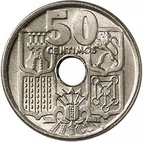 50 Céntimos Reverse Image minted in SPAIN in 1949 / 56 (1936-75  -  NATIONALIST GOVERMENT)  - The Coin Database
