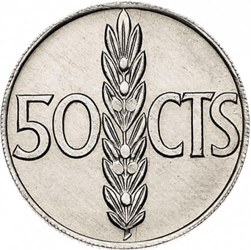 50 Céntimos Reverse Image minted in SPAIN in 1966 / 69 (1936-75  -  NATIONALIST GOVERMENT)  - The Coin Database