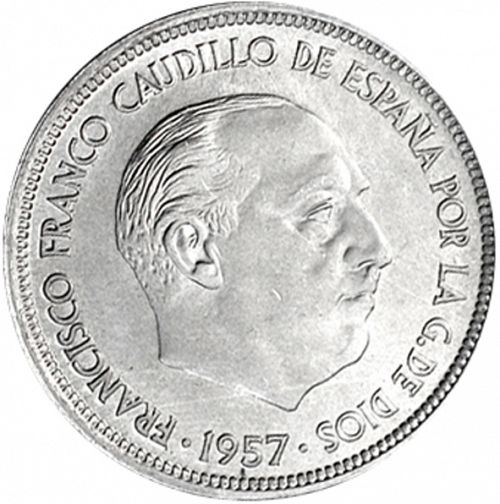 50 Pesetas Obverse Image minted in SPAIN in 1957 / 67 (1936-75  -  NATIONALIST GOVERMENT)  - The Coin Database