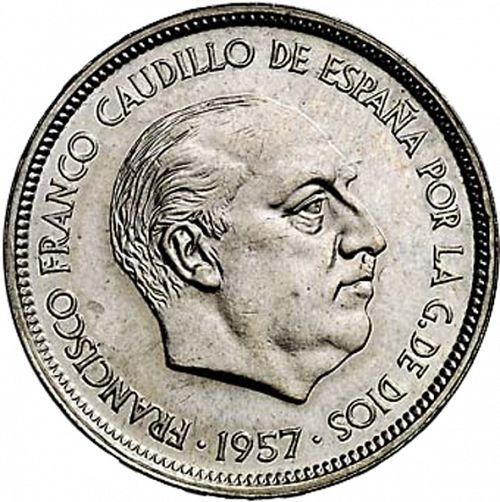 50 Pesetas Obverse Image minted in SPAIN in 1957 / 69 (1936-75  -  NATIONALIST GOVERMENT)  - The Coin Database
