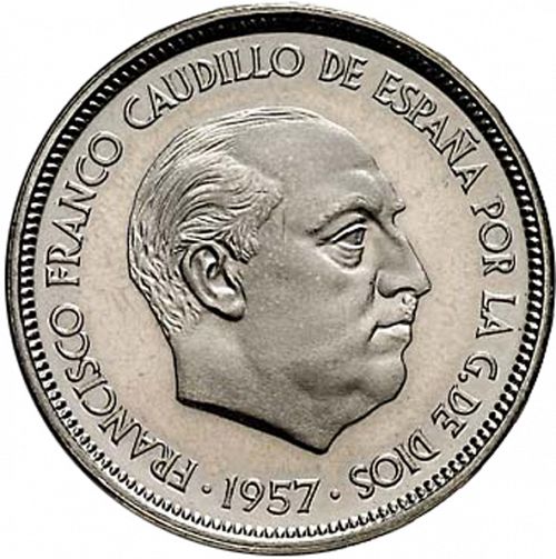 50 Pesetas Obverse Image minted in SPAIN in 1957 / 75 (1936-75  -  NATIONALIST GOVERMENT)  - The Coin Database