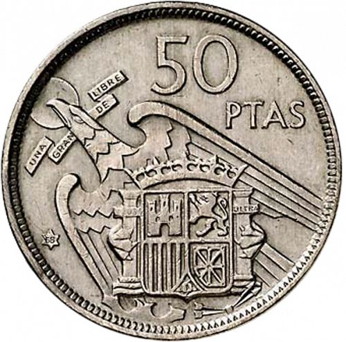 50 Pesetas Reverse Image minted in SPAIN in 1957 / 58 (1936-75  -  NATIONALIST GOVERMENT)  - The Coin Database