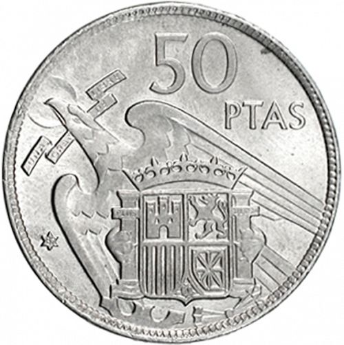 50 Pesetas Reverse Image minted in SPAIN in 1957 / 67 (1936-75  -  NATIONALIST GOVERMENT)  - The Coin Database