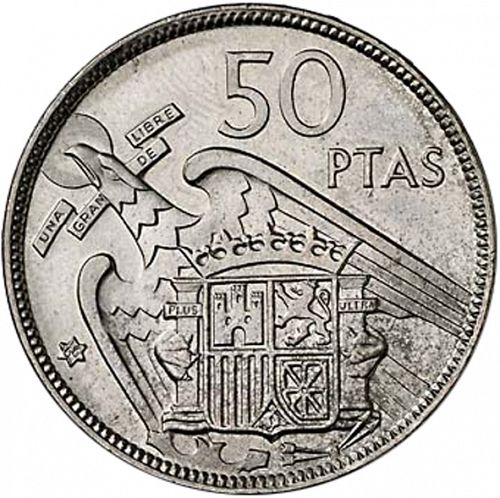 50 Pesetas Reverse Image minted in SPAIN in 1957 / 68 (1936-75  -  NATIONALIST GOVERMENT)  - The Coin Database