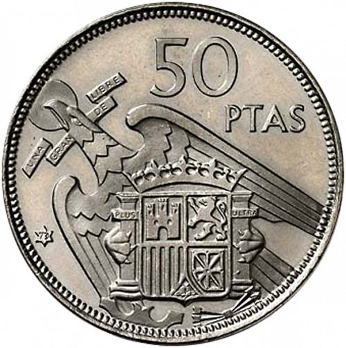 50 Pesetas Reverse Image minted in SPAIN in 1957 / 73 (1936-75  -  NATIONALIST GOVERMENT)  - The Coin Database