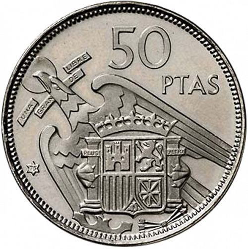 50 Pesetas Reverse Image minted in SPAIN in 1957 / 75 (1936-75  -  NATIONALIST GOVERMENT)  - The Coin Database