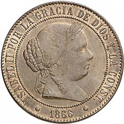 5 Céntimos Escudo Obverse Image minted in SPAIN in 1866 (1865-68  -  ISABEL II - 2nd Decimal Coinage)  - The Coin Database