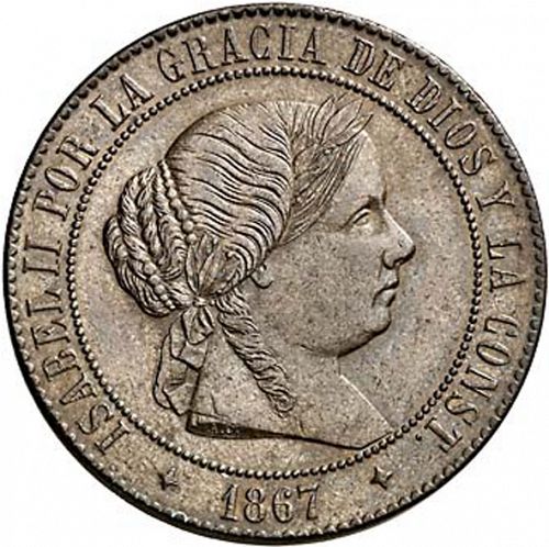 5 Céntimos Escudo Obverse Image minted in SPAIN in 1867OM (1865-68  -  ISABEL II - 2nd Decimal Coinage)  - The Coin Database