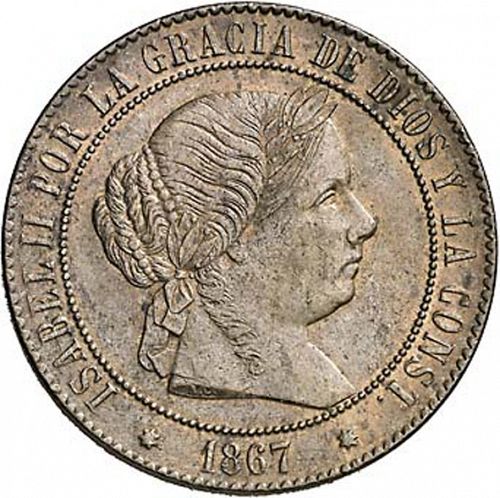 5 Céntimos Escudo Obverse Image minted in SPAIN in 1867OM (1865-68  -  ISABEL II - 2nd Decimal Coinage)  - The Coin Database