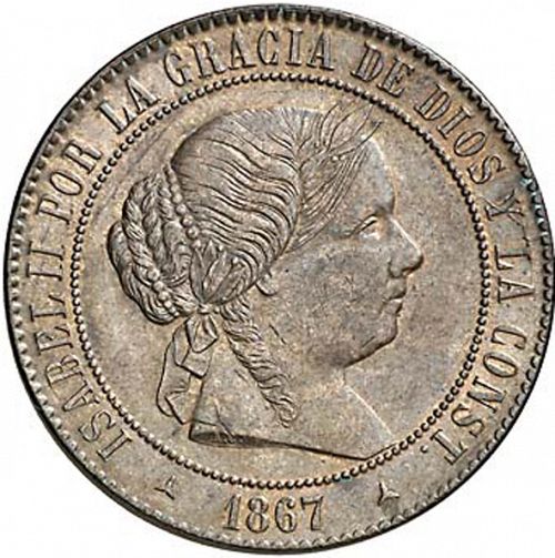 5 Céntimos Escudo Obverse Image minted in SPAIN in 1867OM (1865-68  -  ISABEL II - 2nd Decimal Coinage)  - The Coin Database