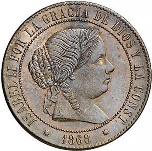 5 Céntimos Escudo Obverse Image minted in SPAIN in 1868OM (1865-68  -  ISABEL II - 2nd Decimal Coinage)  - The Coin Database