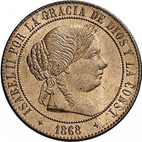 5 Céntimos Escudo Obverse Image minted in SPAIN in 1868OM (1865-68  -  ISABEL II - 2nd Decimal Coinage)  - The Coin Database