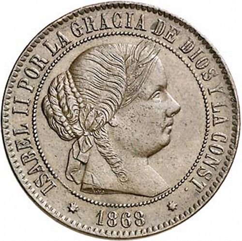 5 Céntimos Escudo Obverse Image minted in SPAIN in 1868OM (1865-68  -  ISABEL II - 2nd Decimal Coinage)  - The Coin Database