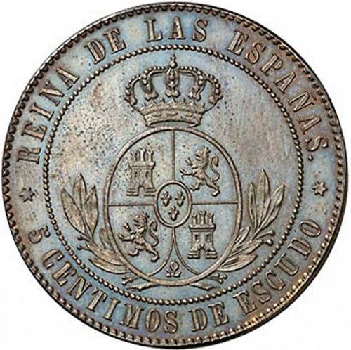 5 Céntimos Escudo Reverse Image minted in SPAIN in 1865 (1865-68  -  ISABEL II - 2nd Decimal Coinage)  - The Coin Database