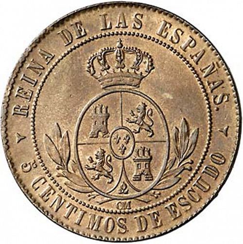 5 Céntimos Escudo Reverse Image minted in SPAIN in 1866OM (1865-68  -  ISABEL II - 2nd Decimal Coinage)  - The Coin Database