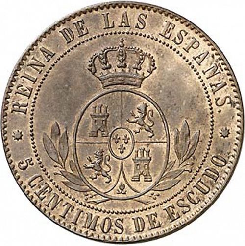 5 Céntimos Escudo Reverse Image minted in SPAIN in 1866 (1865-68  -  ISABEL II - 2nd Decimal Coinage)  - The Coin Database