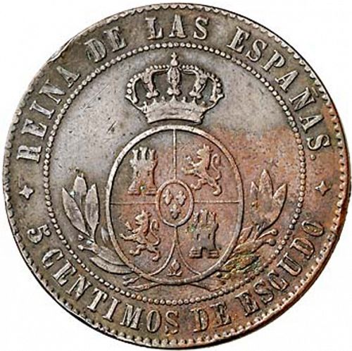 5 Céntimos Escudo Reverse Image minted in SPAIN in 1866 (1865-68  -  ISABEL II - 2nd Decimal Coinage)  - The Coin Database