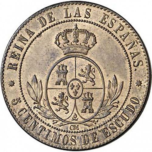 5 Céntimos Escudo Reverse Image minted in SPAIN in 1867OM (1865-68  -  ISABEL II - 2nd Decimal Coinage)  - The Coin Database