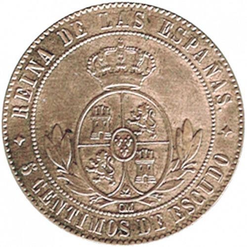 5 Céntimos Escudo Reverse Image minted in SPAIN in 1867OM (1865-68  -  ISABEL II - 2nd Decimal Coinage)  - The Coin Database