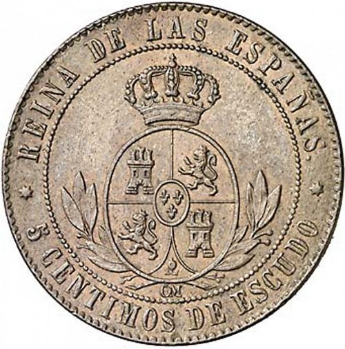 5 Céntimos Escudo Reverse Image minted in SPAIN in 1867OM (1865-68  -  ISABEL II - 2nd Decimal Coinage)  - The Coin Database