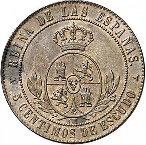 5 Céntimos Escudo Reverse Image minted in SPAIN in 1867OM (1865-68  -  ISABEL II - 2nd Decimal Coinage)  - The Coin Database