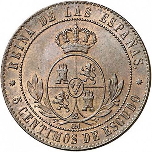 5 Céntimos Escudo Reverse Image minted in SPAIN in 1868OM (1865-68  -  ISABEL II - 2nd Decimal Coinage)  - The Coin Database