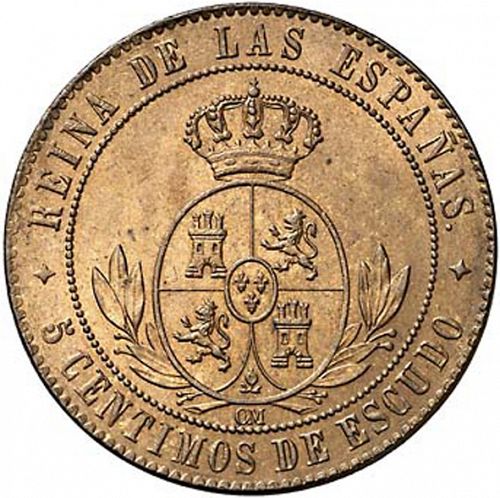 5 Céntimos Escudo Reverse Image minted in SPAIN in 1868OM (1865-68  -  ISABEL II - 2nd Decimal Coinage)  - The Coin Database