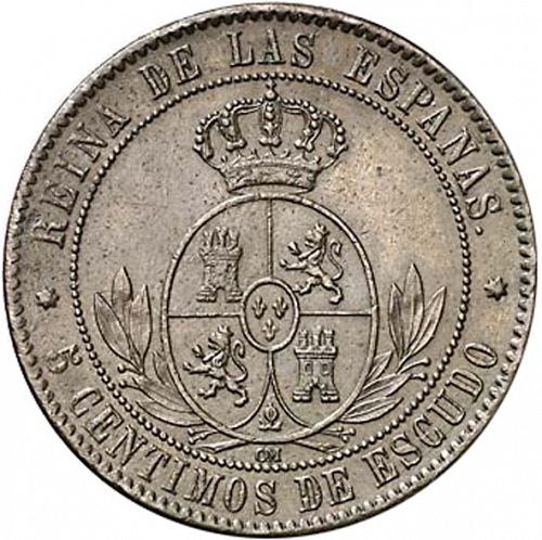 5 Céntimos Escudo Reverse Image minted in SPAIN in 1868OM (1865-68  -  ISABEL II - 2nd Decimal Coinage)  - The Coin Database